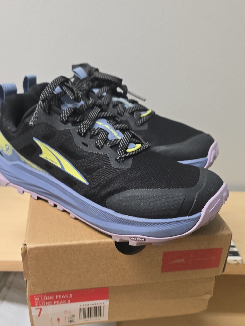 Altra Women's Lone Peak Black Trail Runners with Lavender and Yellow Size 7
